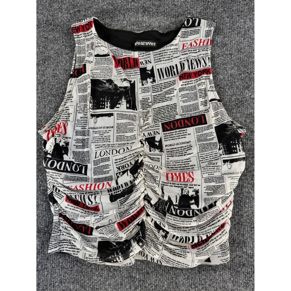 #110 Wearever Newspaper Print Ruched Front Sleeveless Crop Top White Red Black M